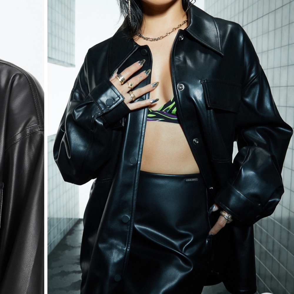 Fabletics Black Faux Leather Button Up Shirt Jacket — Large